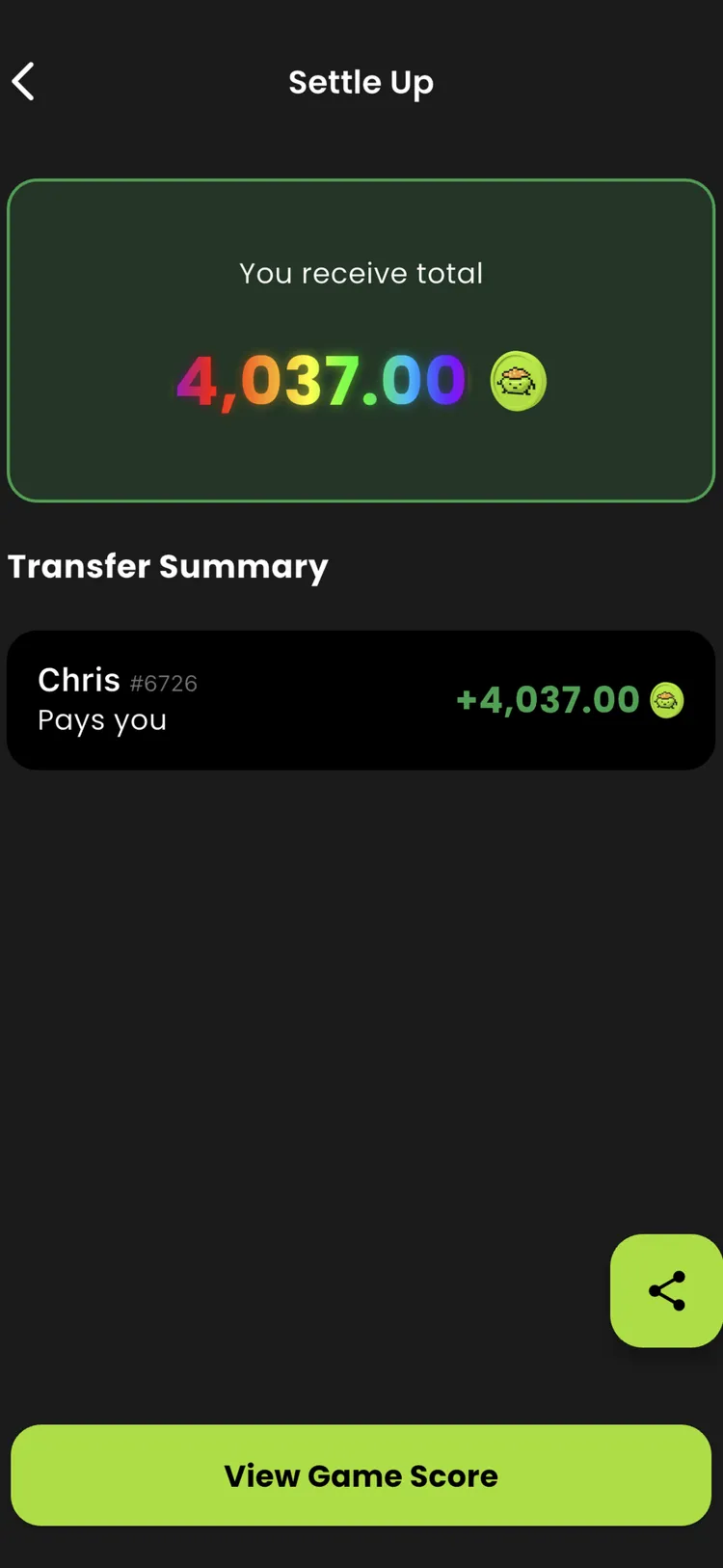 PartyPot mahjong Settle Up screen showing who pays whom
