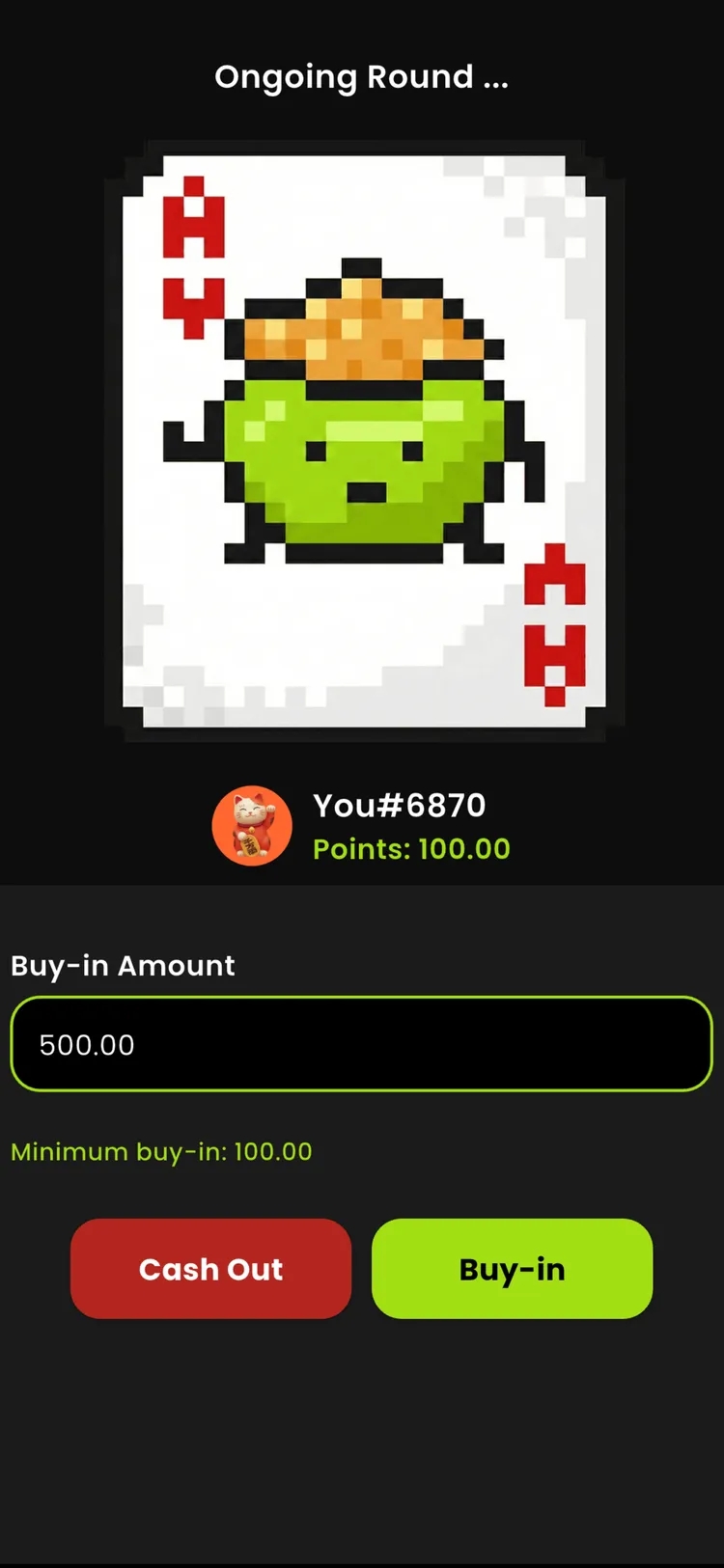PartyPot Poker Mode buy-in and cash-out with a minimum buy-in
