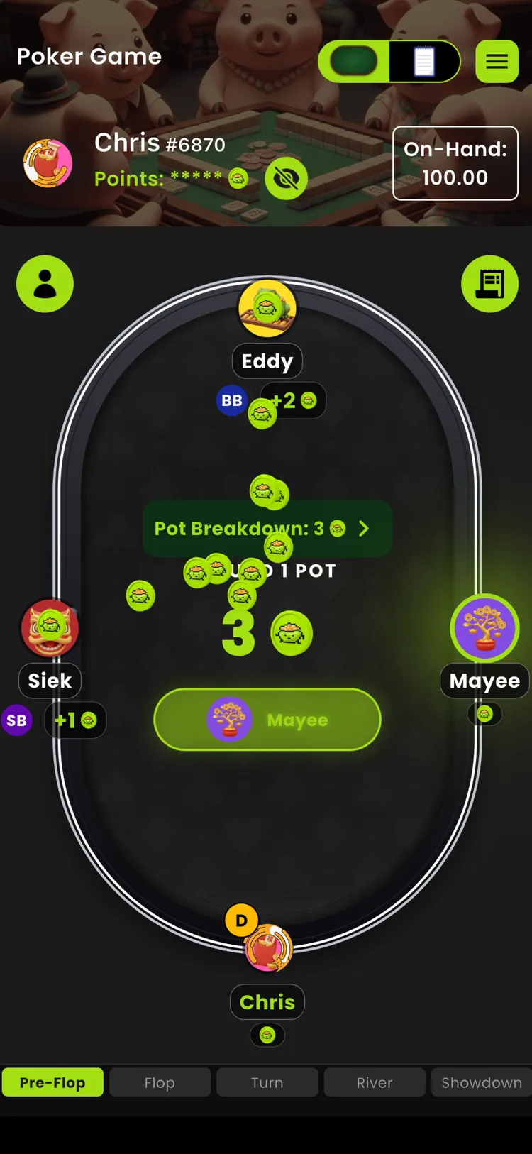 PartyPot Poker Mode live table with chips flowing into the pot during a betting round